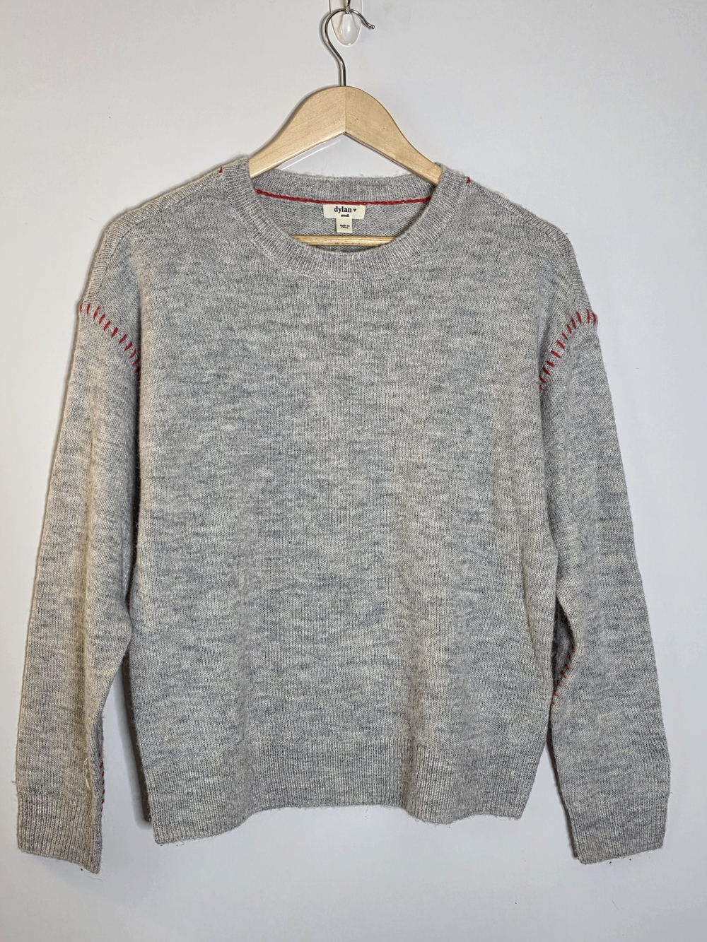 dylan light gray Harper alpaca wool blend Sweater with Red Contrast Stitching